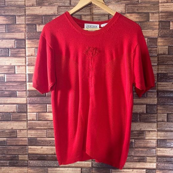 Vintage Womens Jantzen Large Red Knit Sweater W/ Hand Embroidery Flower - Picture 1 of 8